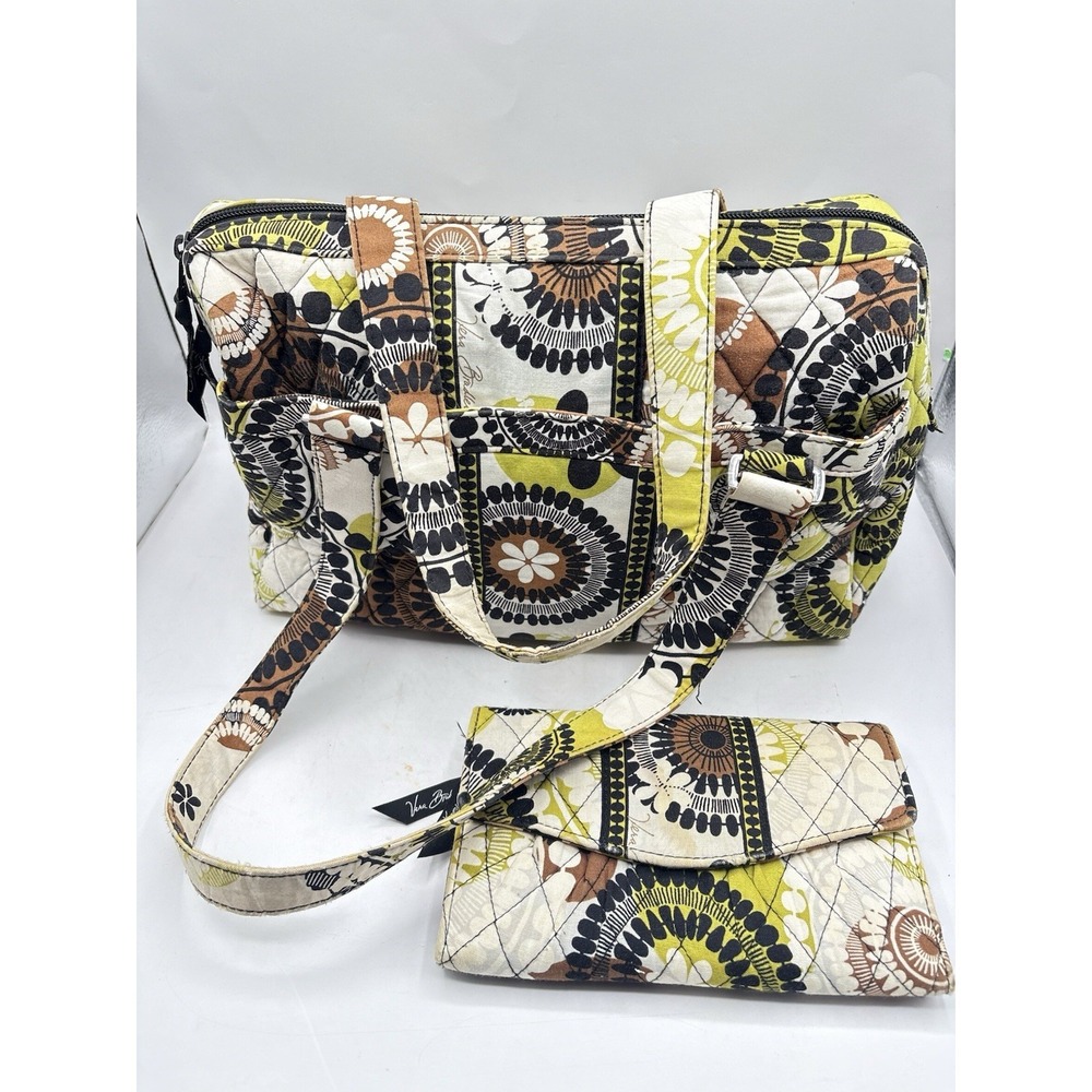 VERA BRADLEY COCOA MOSS DOUBLE STRAP QUILTED SHOULDER BAG PURSE WITH WALLET